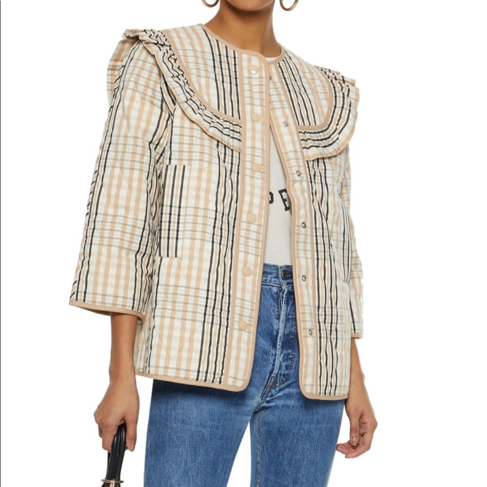 Ganni Beige and Black Quilted Plaid Jacket with Ruffle Collar